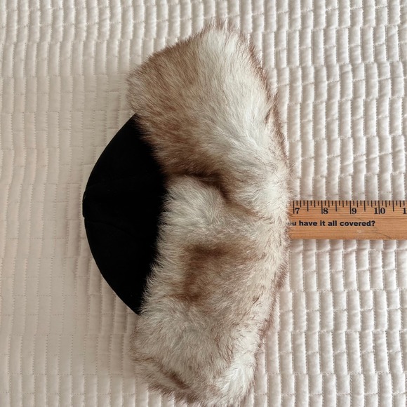 Rita Designs Genuine Shearling Leather Fur Trim Winter Hat Black Tan Handmade